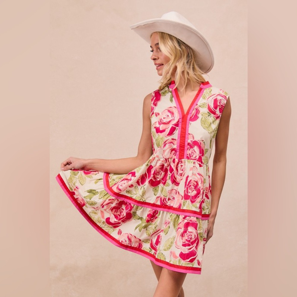 Pink Green rose floral stitched cotton v neck boho bohemian western summer dress - Picture 5 of 8